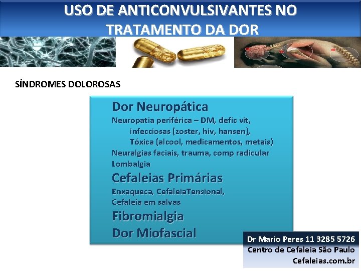 USO DE ANTICONVULSIVANTES NO TRATAMENTO DA DOR SÍNDROMES DOLOROSAS Dor Neuropática Neuropatia periférica –