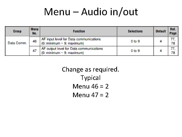 Menu – Audio in/out Change as required. Typical Menu 46 = 2 Menu 47