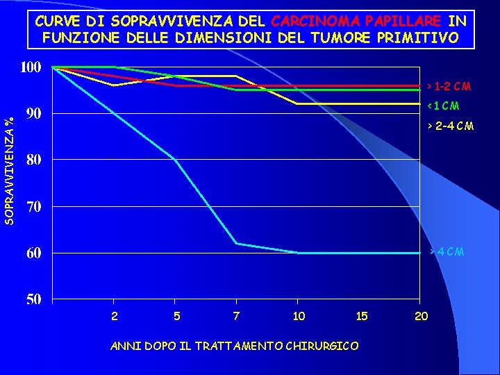 CURVE DI SOPRAVVIVENZA DEL CARCINOMA PAPILLARE IN FUNZIONE DELLE DIMENSIONI DEL TUMORE PRIMITIVO >