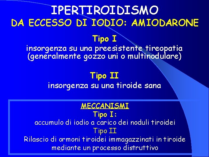 IPERTIROIDISMO DA ECCESSO DI IODIO: AMIODARONE Tipo I insorgenza su una preesistente tireopatia (generalmente