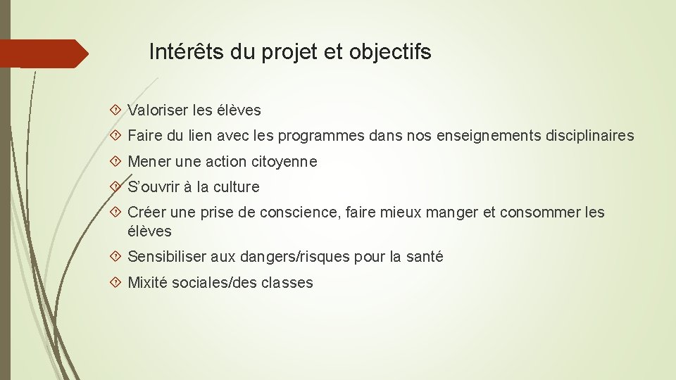 Intérêts du projet et objectifs Valoriser les élèves Faire du lien avec les programmes Intérêts du projet et objectifs Valoriser les élèves Faire du lien avec les programmes