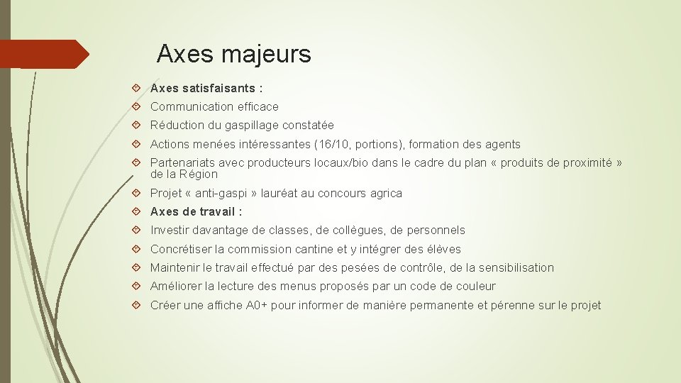 Axes majeurs Axes satisfaisants : Communication efficace Réduction du gaspillage constatée Actions menées intéressantes Axes majeurs Axes satisfaisants : Communication efficace Réduction du gaspillage constatée Actions menées intéressantes