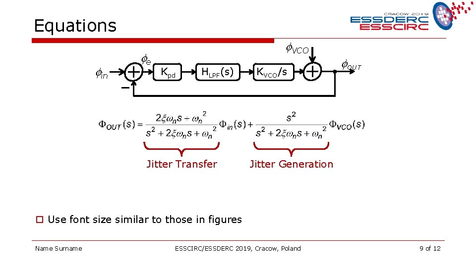 Equations fin fe f. VCO Kpd HLPF(s) Jitter Transfer KVCO/s f. OUT Jitter Generation