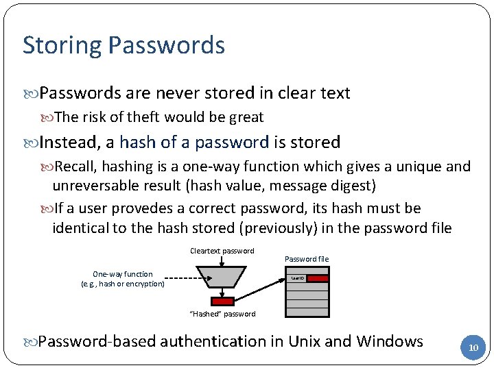 Storing Passwords are never stored in clear text The risk of theft would be