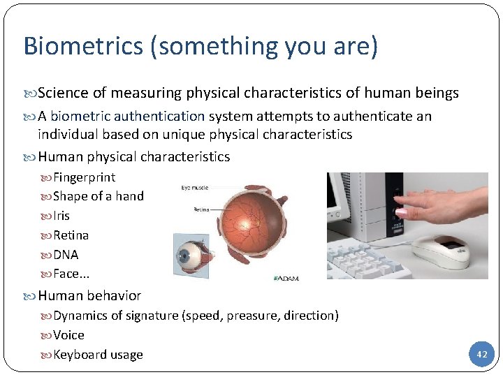Biometrics (something you are) Science of measuring physical characteristics of human beings A biometric