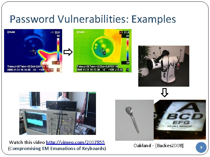 Password Vulnerabilities: Examples Watch this video http: //vimeo. com/2007855 (Compromising EM Emanations of Keyboards)