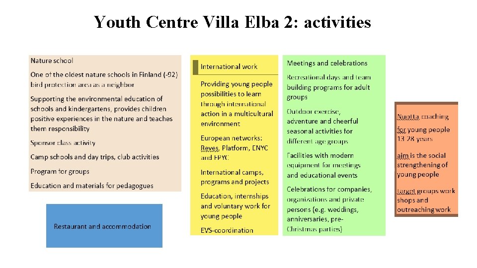 Youth Centre Villa Elba 2: activities 