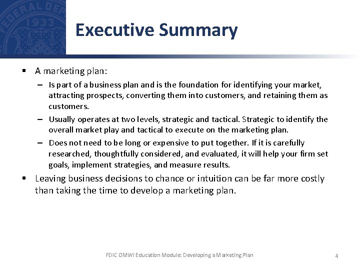 Executive Summary § A marketing plan: – Is part of a business plan and