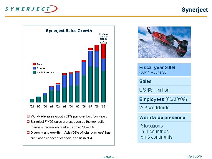 Synerject Sales Growth Economic Crisis of 2008 -09 Asia Fiscal year 2009 Europe North