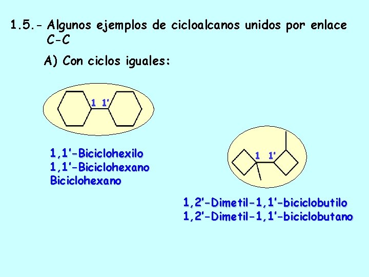 1. 5. - Algunos ejemplos de cicloalcanos unidos por enlace C-C A) Con ciclos