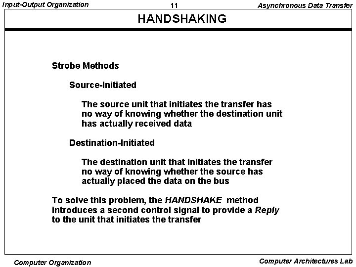 Input-Output Organization 11 Asynchronous Data Transfer HANDSHAKING Strobe Methods Source-Initiated The source unit that