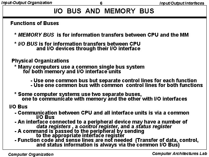 Input-Output Organization 6 Input/Output Interfaces I/O BUS AND MEMORY BUS Functions of Buses *