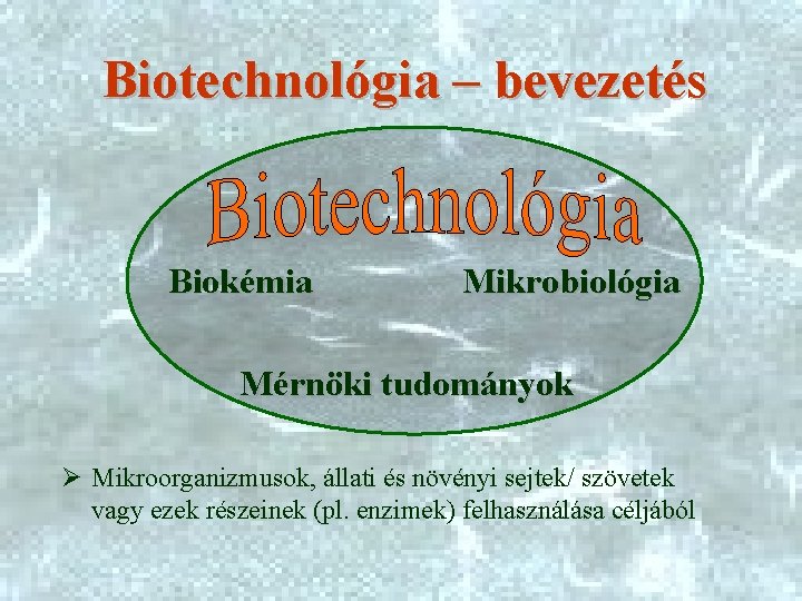 Biotechnológia – bevezetés Biokémia Mikrobiológia Mérnöki tudományok Ø Mikroorganizmusok, állati és növényi sejtek/ szövetek