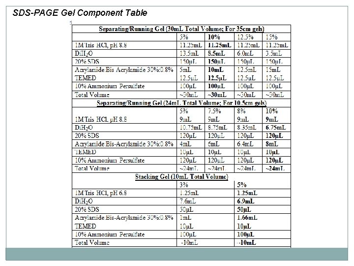 SDS-PAGE Gel Component Table 