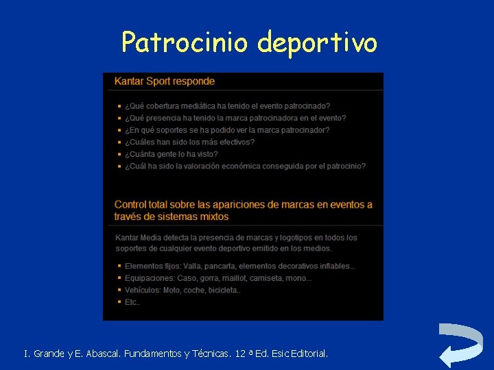 Patrocinio deportivo I. Grande y E. Abascal. Fundamentos y Técnicas. 12 ª Ed. Esic