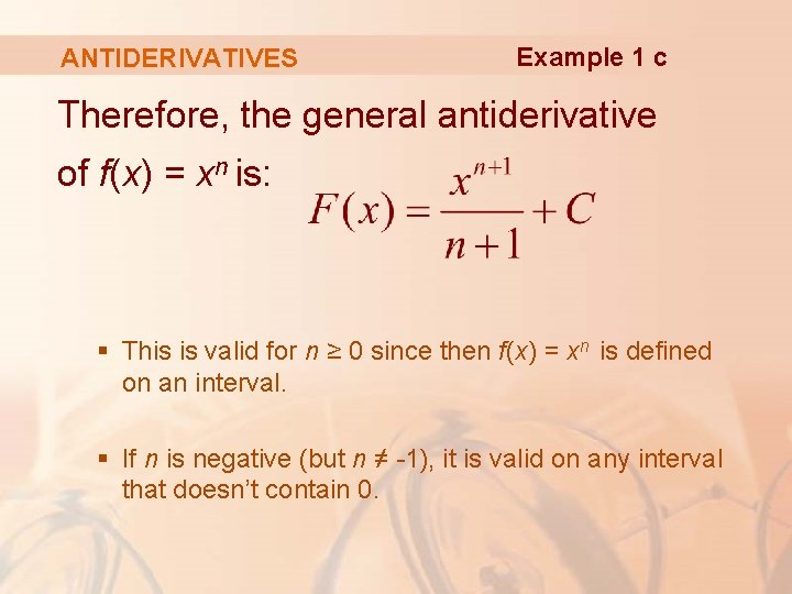 ANTIDERIVATIVES Example 1 c Therefore, the general antiderivative of f(x) = xn is: §