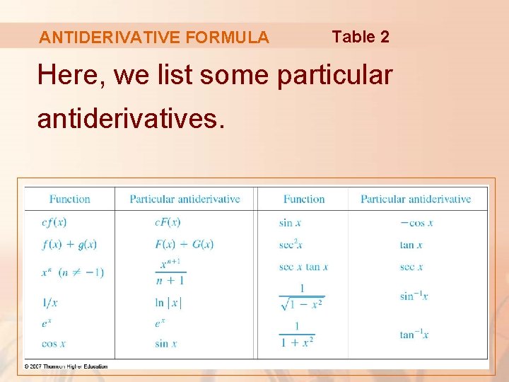 ANTIDERIVATIVE FORMULA Table 2 Here, we list some particular antiderivatives. 