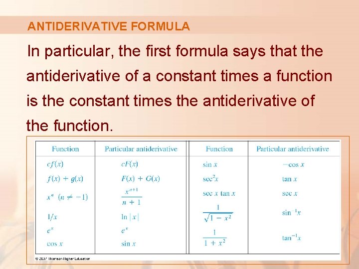 ANTIDERIVATIVE FORMULA In particular, the first formula says that the antiderivative of a constant