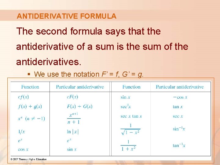 ANTIDERIVATIVE FORMULA The second formula says that the antiderivative of a sum is the