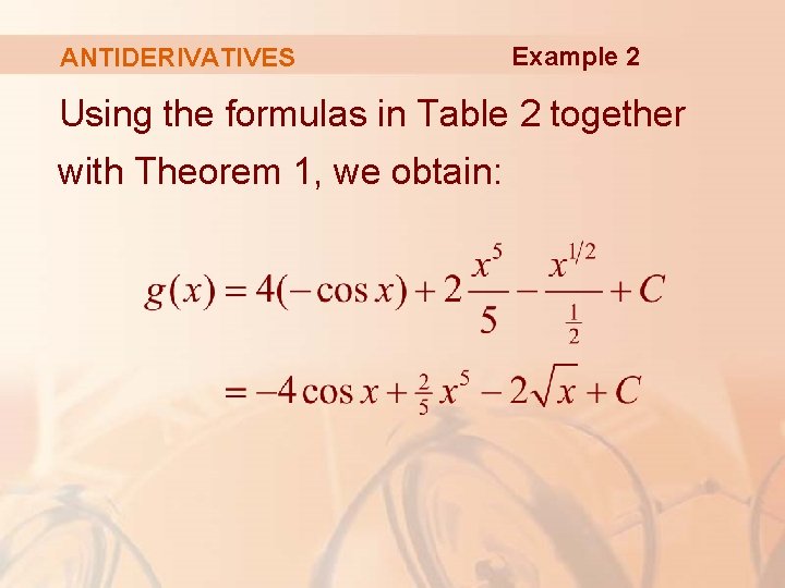 ANTIDERIVATIVES Example 2 Using the formulas in Table 2 together with Theorem 1, we