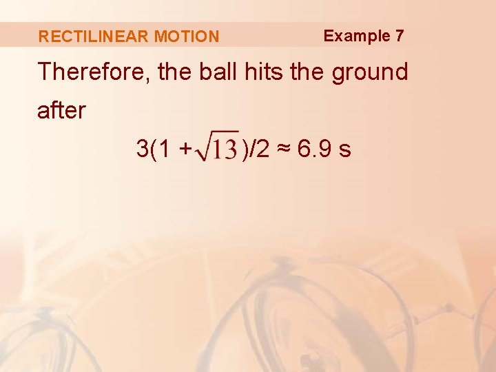 RECTILINEAR MOTION Example 7 Therefore, the ball hits the ground after 3(1 + )/2