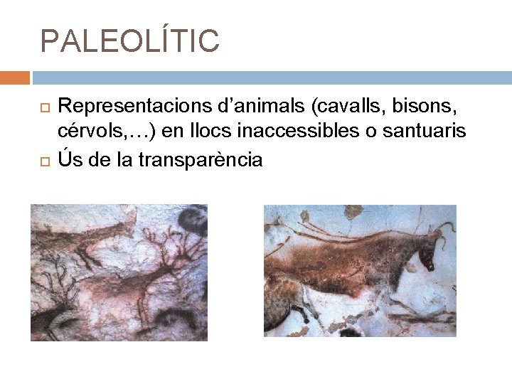 PALEOLÍTIC Representacions d’animals (cavalls, bisons, cérvols, …) en llocs inaccessibles o santuaris Ús de