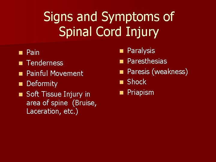 Signs and Symptoms of Spinal Cord Injury n n n Pain Tenderness Painful Movement Signs and Symptoms of Spinal Cord Injury n n n Pain Tenderness Painful Movement