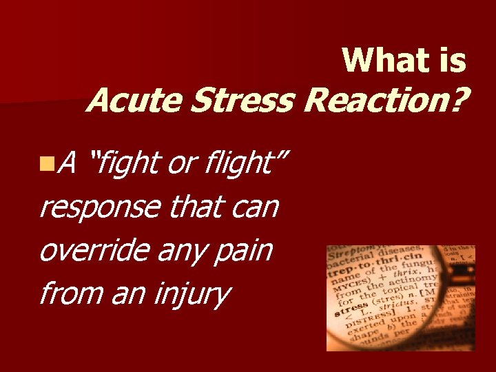 What is Acute Stress Reaction? n. A “fight or flight” response that can override What is Acute Stress Reaction? n. A “fight or flight” response that can override