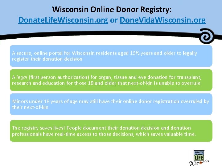 Wisconsin Online Donor Registry: Donate. Life. Wisconsin. org or Done. Vida. Wisconsin. org A