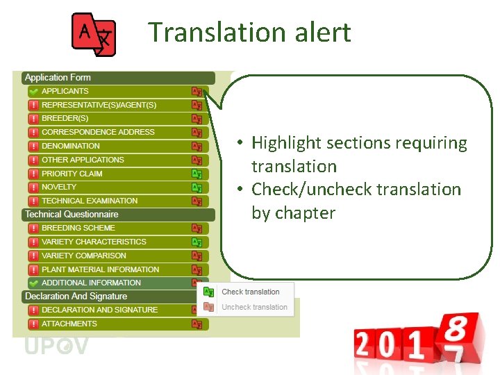 Translation alert • Highlight sections requiring translation • Check/uncheck translation by chapter 