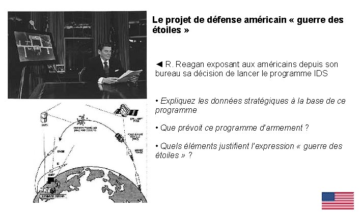 Le projet de défense américain « guerre des étoiles » ◄ R. Reagan exposant