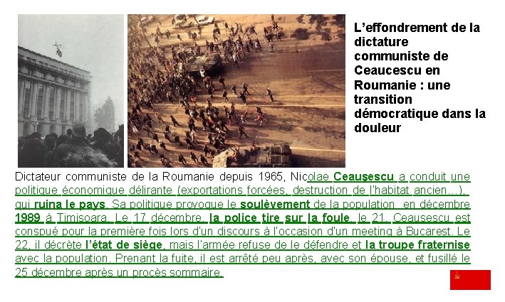 L’effondrement de la dictature communiste de Ceaucescu en Roumanie : une transition démocratique dans