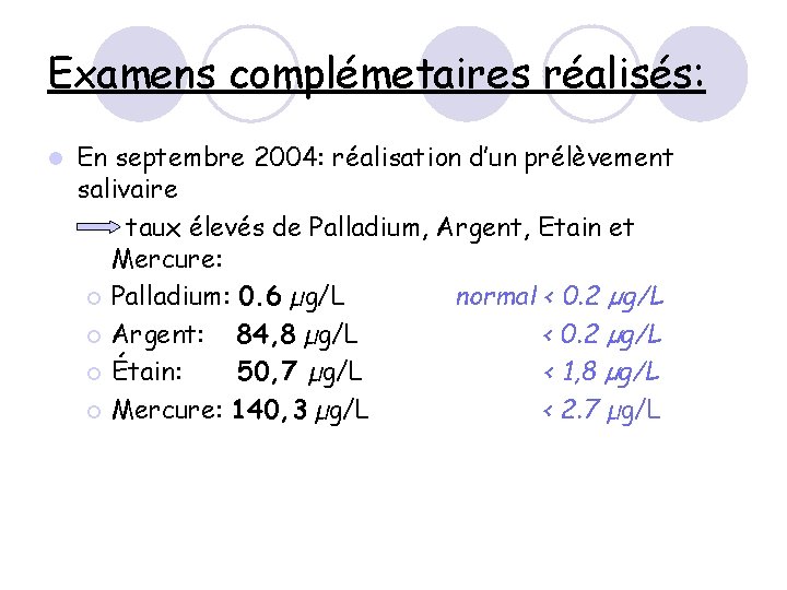 Examens complémetaires réalisés: l En septembre 2004: réalisation d’un prélèvement salivaire taux élevés de