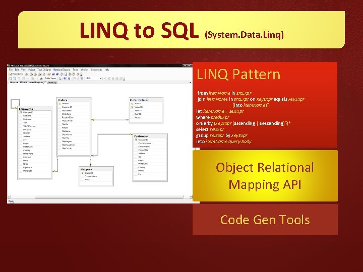 LINQ to SQL (System. Data. Linq) LINQ Pattern from item. Name in src. Expr