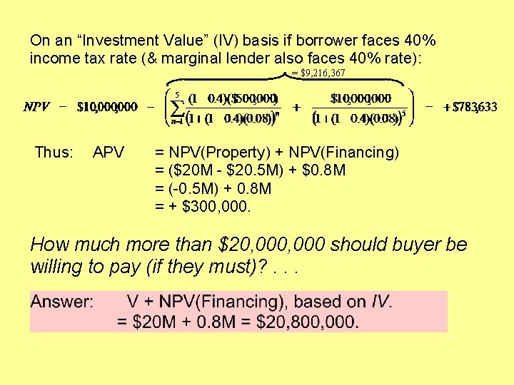 On an “Investment Value” (IV) basis if borrower faces 40% income tax rate (&