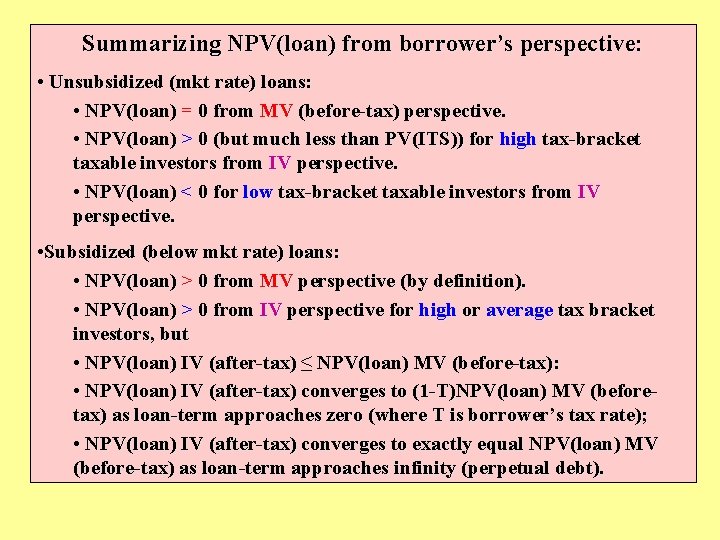 Summarizing NPV(loan) from borrower’s perspective: • Unsubsidized (mkt rate) loans: • NPV(loan) = 0