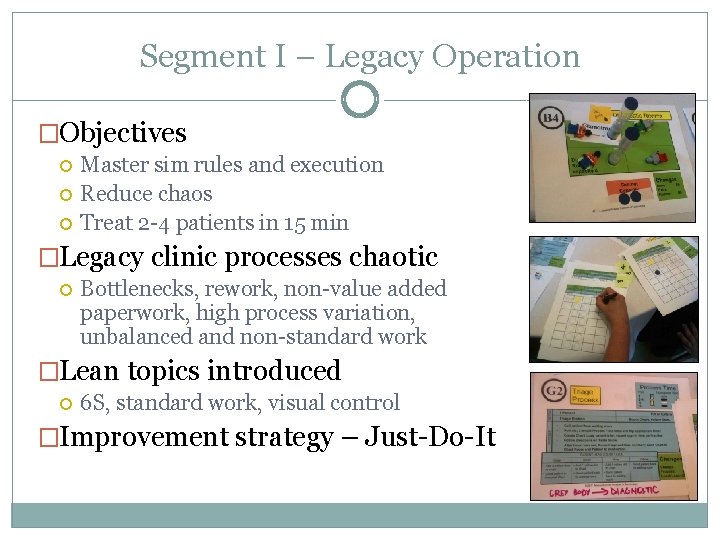 Segment I – Legacy Operation �Objectives Master sim rules and execution Reduce chaos Treat