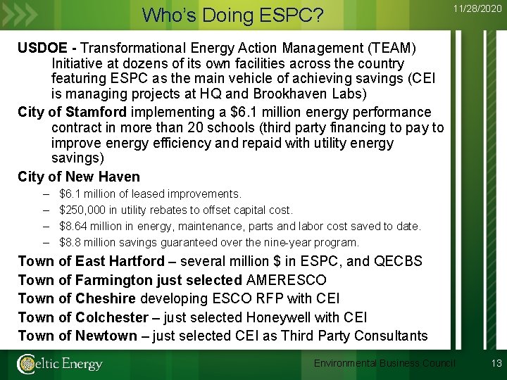 Who’s Doing ESPC? 11/28/2020 USDOE - Transformational Energy Action Management (TEAM) Initiative at dozens