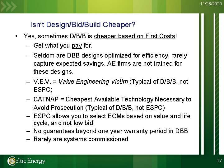 11/28/2020 Isn’t Design/Bid/Build Cheaper? • Yes, sometimes D/B/B is cheaper based on First Costs!