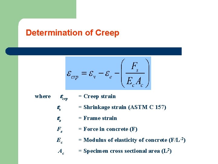 Determination of Creep where crp = Creep strain v = Shrinkage strain (ASTM C