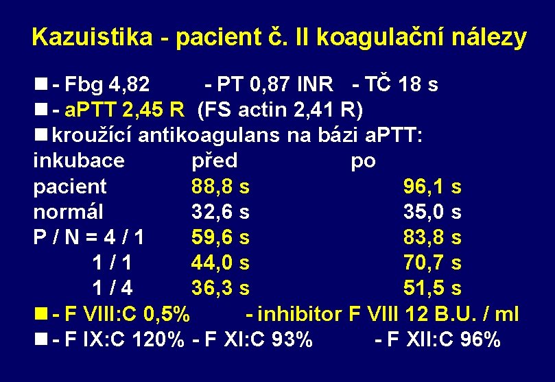 Kazuistika - pacient č. II koagulační nálezy n - Fbg 4, 82 - PT Kazuistika - pacient č. II koagulační nálezy n - Fbg 4, 82 - PT