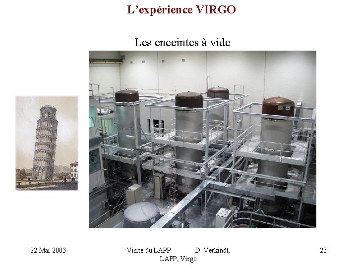 L’expérience VIRGO Les enceintes à vide 22 Mai 2003 Visite du LAPP D. Verkindt,