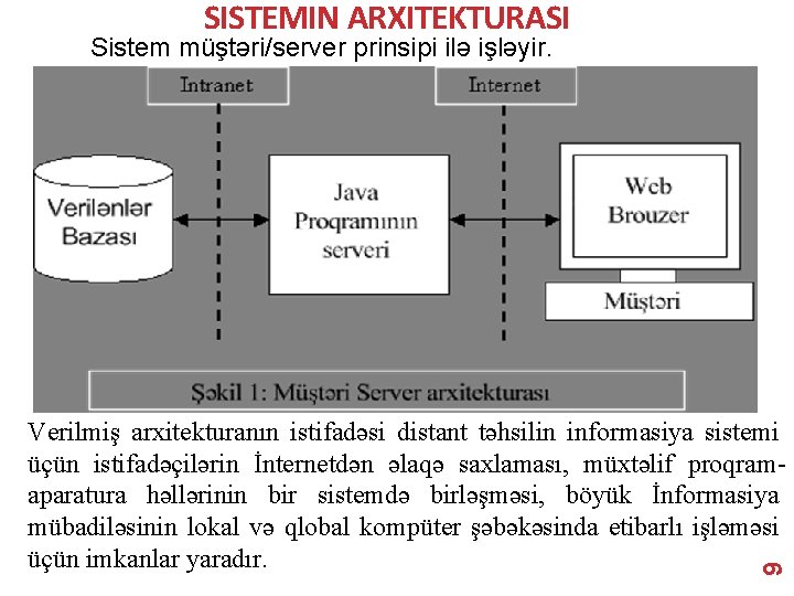SISTEMIN ARXITEKTURASI Sistem müştəri/server prinsipi ilə işləyir. 9 Verilmiş arxitekturanın istifadəsi distant təhsilin informasiya