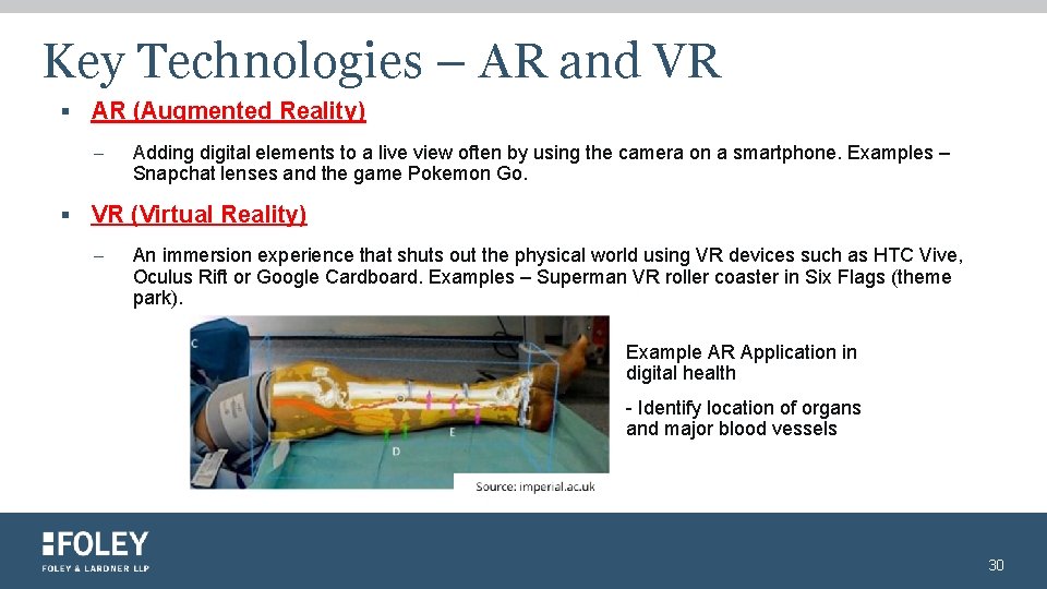 Key Technologies – AR and VR § AR (Augmented Reality) – Adding digital elements