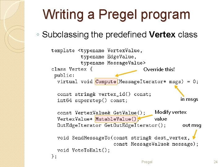 Writing a Pregel program ◦ Subclassing the predefined Vertex class Override this! in msgs