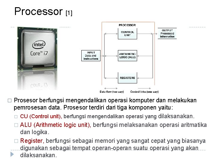 Processor [1] � Prosesor berfungsi mengendalikan operasi komputer dan melakukan pemrosesan data. Prosesor terdiri