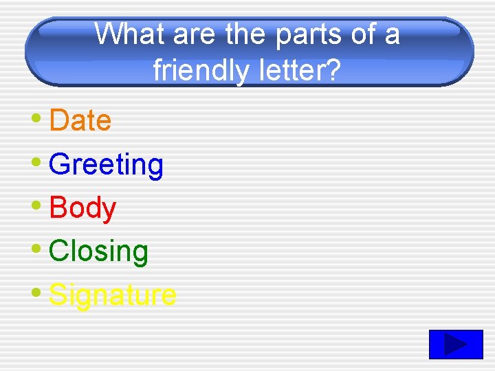 What are the parts of a friendly letter? • Date • Greeting • Body