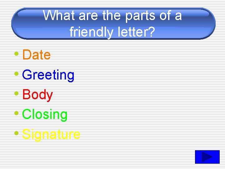 What are the parts of a friendly letter? • Date • Greeting • Body