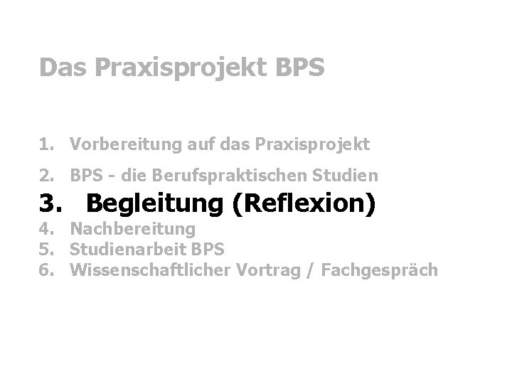 Das Praxisprojekt BPS 1. Vorbereitung auf das Praxisprojekt 2. BPS - die Berufspraktischen Studien