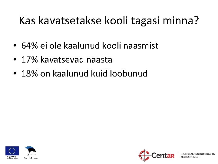 Kas kavatsetakse kooli tagasi minna? • 64% ei ole kaalunud kooli naasmist • 17%